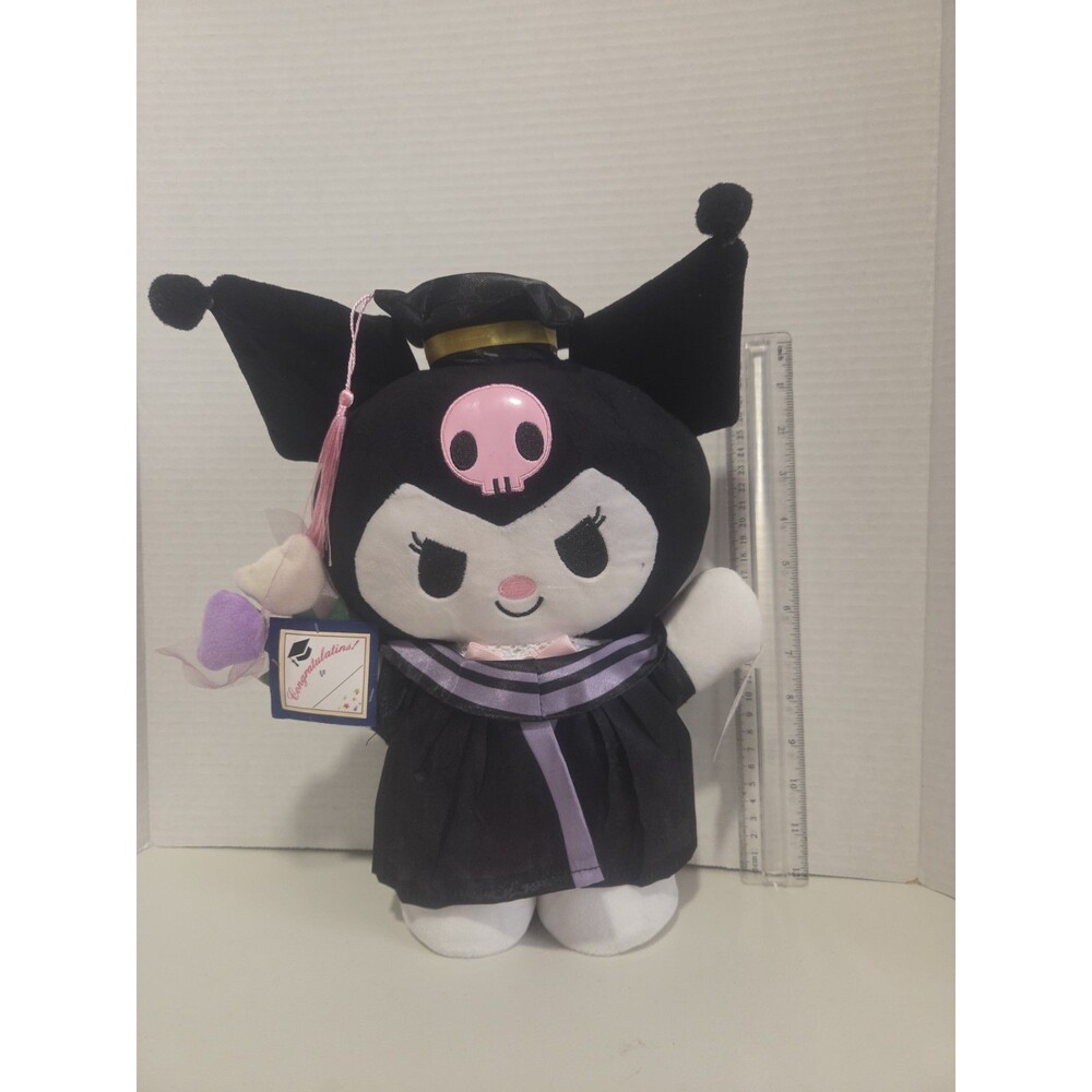 Sanrio Kuromi Graduation Plush Cat Black White Pink Surface Washable w/ Tag